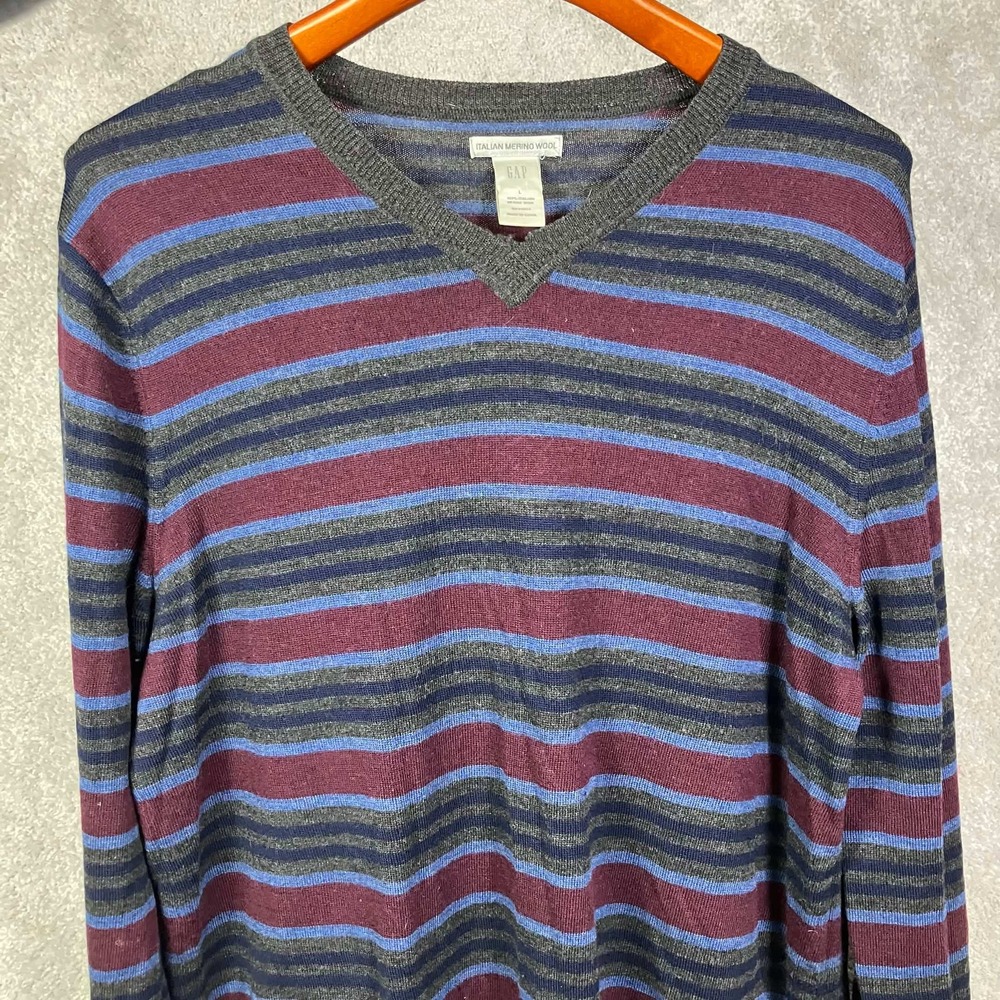 VTG Gap V-Neck Sweater Mens L Gray Blue Maroon Striped Italian Merino Wool 90s - Picture 2 of 14